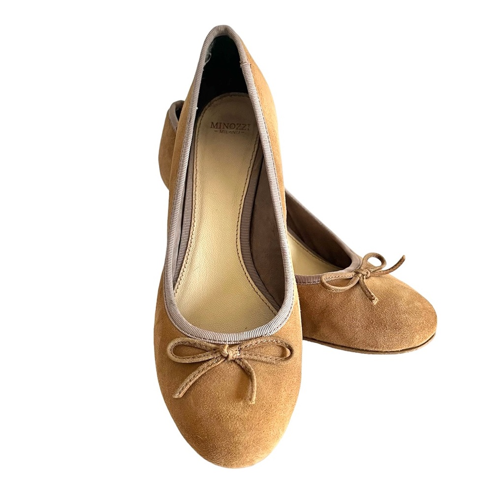 Minozzi Milano Italy Tan Suede Leather Ballet Pumps Bow Women’s Size 38